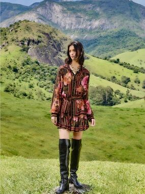 Farm Rio Chenille Flowers Long-Sleeve Belted Mini Shirt Dress
